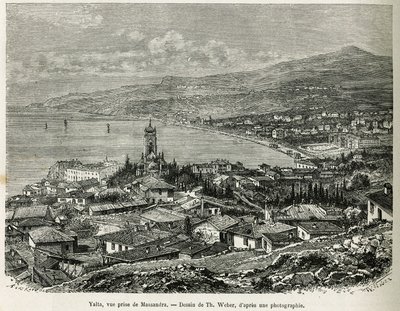 The city of Yalta, taken from Massandra, drawing by Th.Weber, to illustrate the story Four Months in Russia, in 1876, by F. De Mely. Engraving in Le tour du monde by Theodore Weber