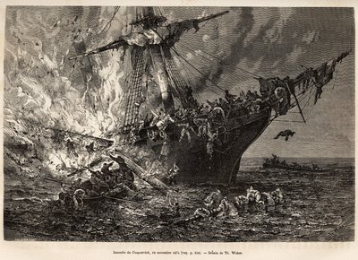 The fire of the Cospatrick, a British ship carrying more than 400 emigrants to New Zealand, on 19 November 1874, engraved after a drawing by T. Weber, illustrating the study of storms and voyages, by Mr. Zurcher and Mr. Margolle, in 1870-1874, published in by Theodore Weber