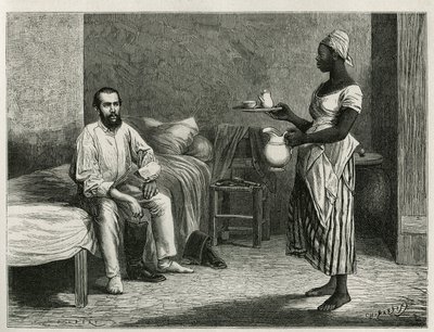 Portrait of the author and traveler, upon awakening, being served the cafe in his room by a young Haitian woman, engraving by T.Wust, to illustrate the story La republique d