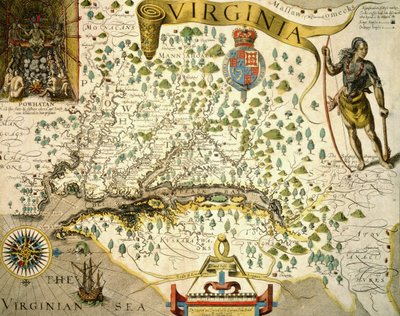 Map of Virginia, showing in upper left hand a picture of Chief Powhatan by John Smith, 1624 by Theodore de (after) Bry
