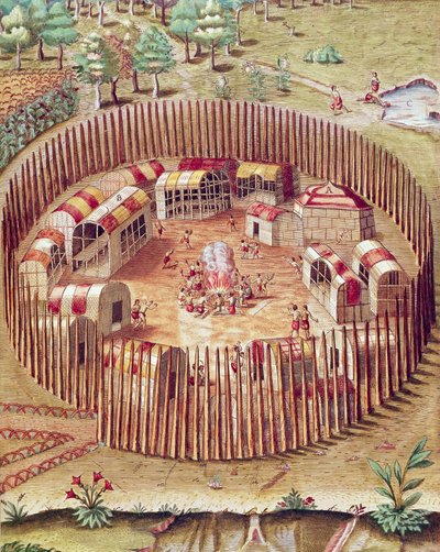 A Pomeiok Indian Fortified Village by Theodore de Bry