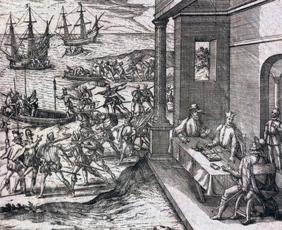 Agreement between Francisco Pizarro, Diego de Almagro and Hernando de Luque to explore and exploit Peru by Theodore de Bry