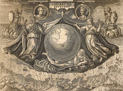 Allegory of West Indies or Americas, with Portraits of Navigators Christopher Columbus and Amerigo Vespucci by Theodore de Bry
