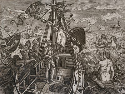 Allegory of the Journey of Christopher Columbus to the Discovery of the New World, engraving by Theodor de Bry by Theodore de Bry