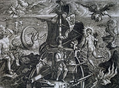 Allegory of voyages of Ferdinand Magellan, engraving by Theodore de Bry