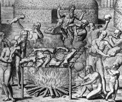Anthropophage Meals: Cannibals in Brazil - in “Admirante Narratio Americae”, by Théodore de Bry by Theodore de Bry