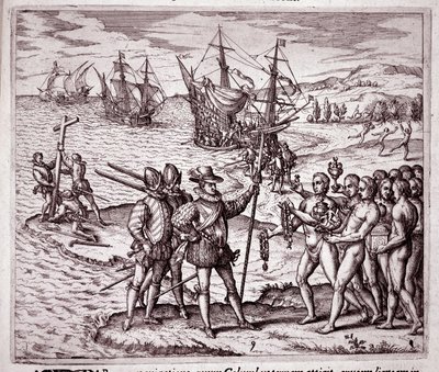 Arrival of Christopher Columbus on the island of Hispaniola in the West Indies (Engraving) by Theodore de Bry