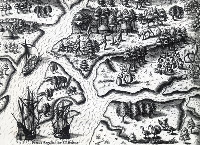 Arrival of French at Port Royal in 1564, engraving by Theodore de Bry