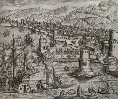 Arrival of Girolamo Benzoni in the port of Las Palmas during his trip to the Americas, engraving by Theodor de Bry by Theodore de Bry