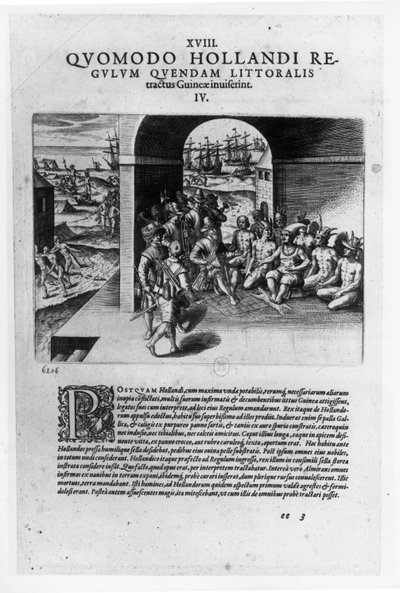 Arrival of the Dutch Leaders in Guinea: The Negotiation for the Purchase of Slaves Destined to be Sold Back to the Spanish Conquistadors, from "Petits Voyages" by Theodore de Bry