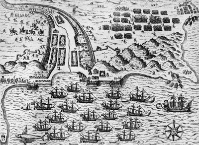 Attack on Santiago on 27th November 1585 (engraving) by Theodore de Bry