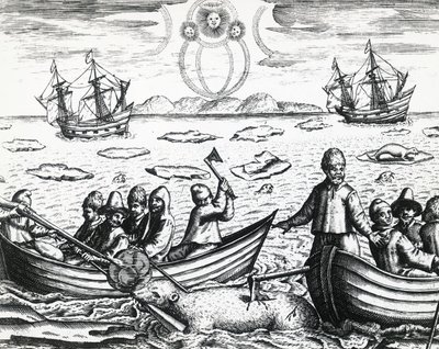 Aurora borealis and white bear hunting during third expedition led by William Barents in search of Northeast Passage in 1596, engraving by Theodore de Bry