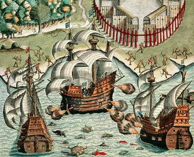 Battle Between the French and Portuguese off Buttugar by Theodore de Bry