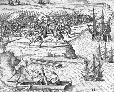 Battle in Jamaica between Christopher Columbus and Francisco Poraz, 1504 by Theodore de Bry