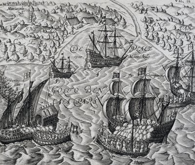 Battle in front of city of Matical in Bay of Bengal, engraving from Indiae Orientalis by Theodore de Bry