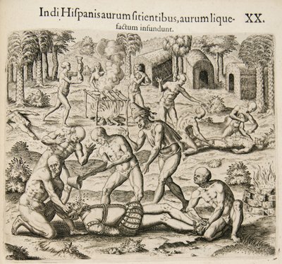 Because the Spanish thirst for gold, the Indians pour liquid gold into them. From: Americae pars qv by Theodore de Bry