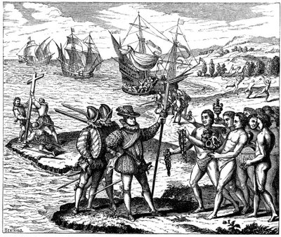 Christopher Columbus, Genoese explorer, discovering America, 12 May 1492 by Theodore de Bry