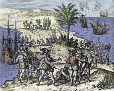Christopher Columbus and his brother were arrested by Francisco de Bobadilla in 1500. Engraving by Théodore de Bry (1528-1598) by Theodore de Bry