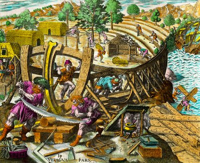 Construction of a boat for the Spanish navigator Vasco Nunez de Balboa (1475-1517). Engraving from History of the Americas by Theodore de Bry (1528-1598). Private Collection by Theodore de Bry