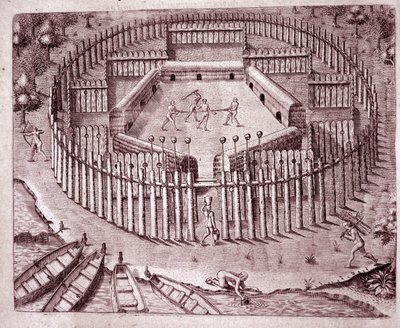 Defense System of the Indian Huts by a Double Row of Tree Trunks Planted Around. The Severed Heads of Enemies Are Placed at the Top by Theodore de Bry