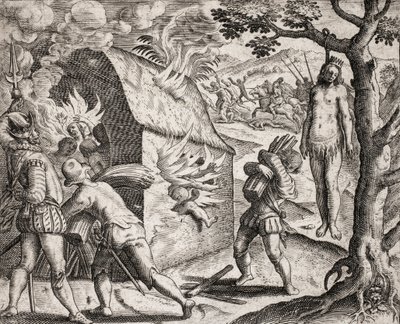 Description of crimes inflicted on Indians by Spanish settlers - Fire of an Indian village by the Conquistadors. Hanging - Engraving by Theodore de Bry in 
