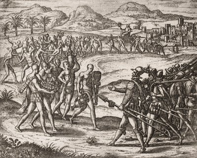Description of crimes inflicted on Indians by Spanish settlers - Indians bringing gifts and gold to the Conquistadors - Engraving by Theodore de Bry in 