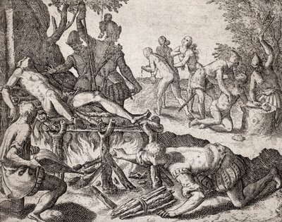 Description of Crimes Inflicted on Indians by Spanish Settlers - Scene of Torture of Indians by Spanish Conquistadors. Torture on a Grill, Amputation of Hands - Engraving by Theodore de Bry by Theodore de Bry
