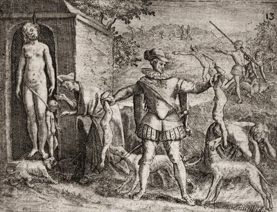 Description of crimes inflicted on Indians by Spanish settlers - Spanish Conquistadors massacring Indian women and children. Hanging. Children thrown to dogs - Engraving by Theodore de Bry in 