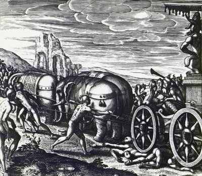 Devotees being crushed by chariot during procession of idol, engraving by Theodor de Bry by Theodore de Bry