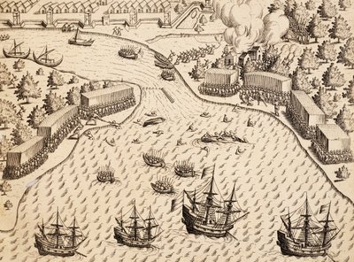 Dutch arriving at Madura Island, Java, engraving from work India Orientalis, by Theodor de Bry by Theodore de Bry