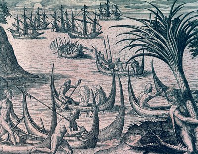 Dutch ships in Strait of Magellan, engraving from American History by Theodore de Bry