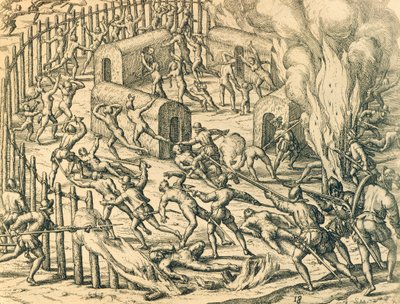 European Conquerors Attacking an Indian Village, Illustration from American History by Theodore de Bry