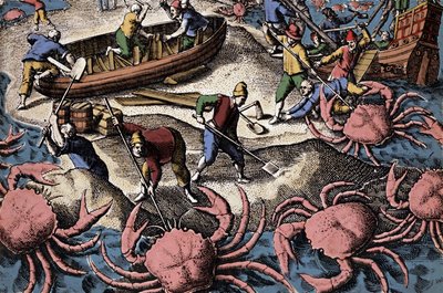 European navigators fighting big crab. Engraving from Petities voyages aux Indes Orientales by Theodore de Bry by Theodore de Bry