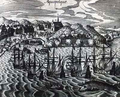 Fleet of Galleons in Acapulco Port, engraving by Theodore de Bry