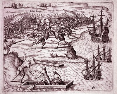 Fourth voyage of Christopher Columbus on the island of Jamaica in 1503 by Theodore de Bry