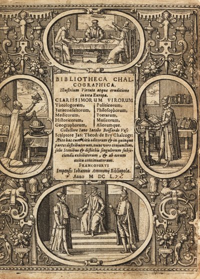 Frontispiece with Vignettes of Scientists within Borders by Theodore de Bry
