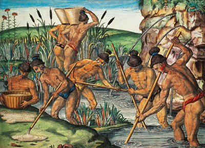 Gold diggers in Florida, colored engraving from Brevis Narratio by Theodore de Bry