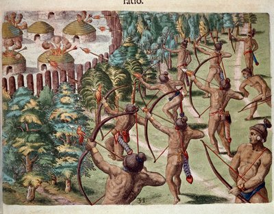History of America: An Indian tribe attacks a village in Florida at night. Engraving from Admirante Narratio Americae by Theodore de Bry by Theodore de Bry