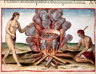 History of America: Indian cooking fish. Engraving from Admirante Narratio Americae by Theodore de Bry (1528-1598) by Theodore de Bry