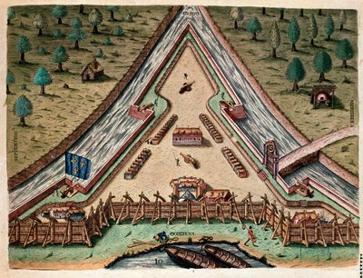History of America: Life of Fort Carolina, Bastion of Carolina. Engraving from Admirante Narratio Americae by Theodore de Bry after a drawing by Jacques le Moyne by Theodore de Bry