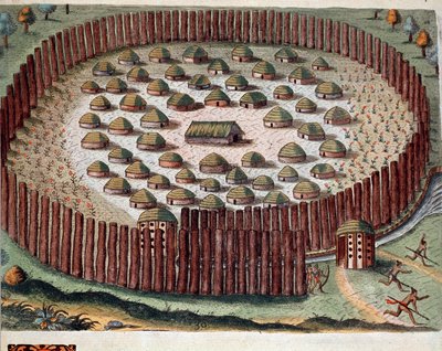 History of America: Representation of an Indian village fortifies in Florida. Engraving from 
