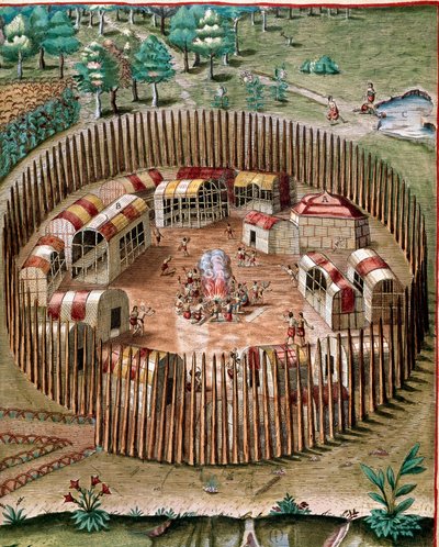 History of America: Representation of the fortified city Pomeiock or Pomeiooc in Virginia in 1585. Engraving from Admirante Narratio Americae by Theodore de Bry (1528-1598) by Theodore de Bry