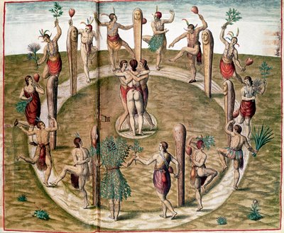 History of America: Ritual Dance to Celebrate Friendship. Engraving by Theodore de Bry (1528-1598). 16th century Vincennes, Historical Museum of the Navy by Theodore de Bry