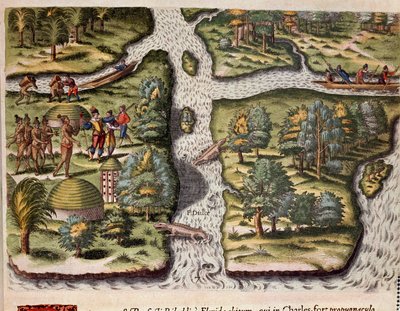 History of America: The French of the expedition of Jean Ribault settled in Charlesfort provide food to the Florida Indians, alligators are represented in the rivers. Engraving from 