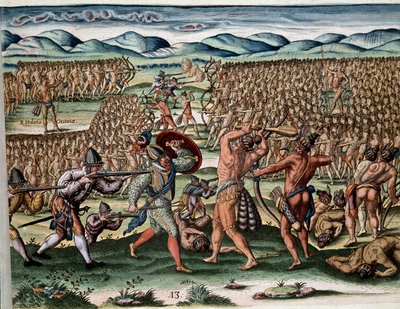 History of America: The soldiers of Chief Outina (or Olata Utina) fighting, using the French of the expedition of Jean Ribault (or Ribaut), the enemy tribes of Potanou. Engraving from Admirante Narratio Americae (History of the Americas) by Theodore de Bry by Theodore de Bry