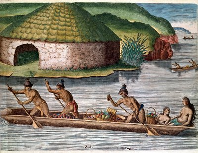 History of America: The transport of food on boats. Engraving from Admirante Narratio Americae by Theodore de Bry by Theodore de Bry