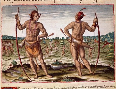 History of America: Two inhabitants of Virginia, Indian weapons of arrows and bow. Engraving from Admirante Narratio Americae by Theodore de Bry (1528-1598) by Theodore de Bry