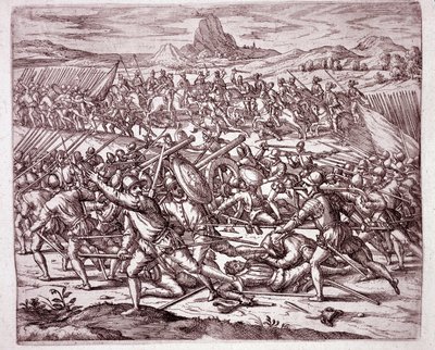 History of America: fights between the armies of Vaca de Castro and Almagro junior after the death of Francisco Pizarro and Diego de Almagro (Engraving) by Theodore de Bry
