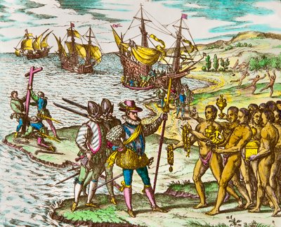History of America: the explorer Christopher Columbus is welcomed by the Indians on his arrival in the New World (Engraving by Theodore De Bry) by Theodore de Bry