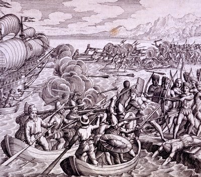 How the Spanish landed in the Island of Haiti, with 400 men which led to a great battle with the natives, illustration from 